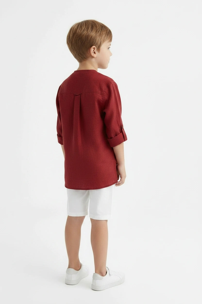 Boys' Rust Red Mandarin Collar Waistcoat-Style Shirt & White Shorts – Two-Piece