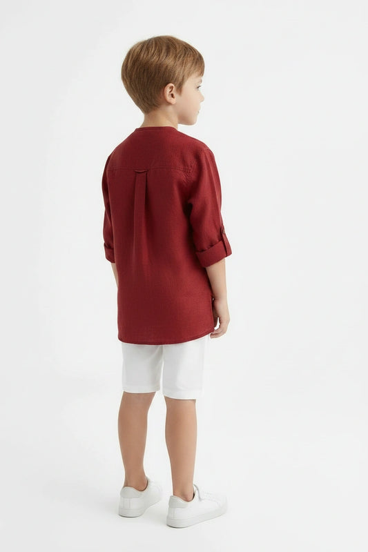 Boys' Rust Red Mandarin Collar Waistcoat-Style Shirt & White Shorts – Two-Piece