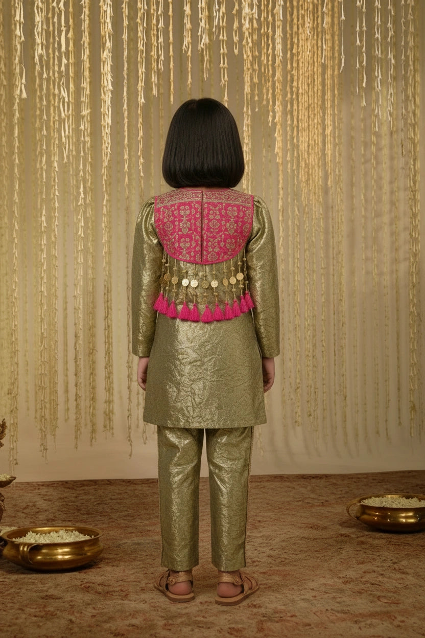 Metallic Gold Festive Kurti Set for Girls