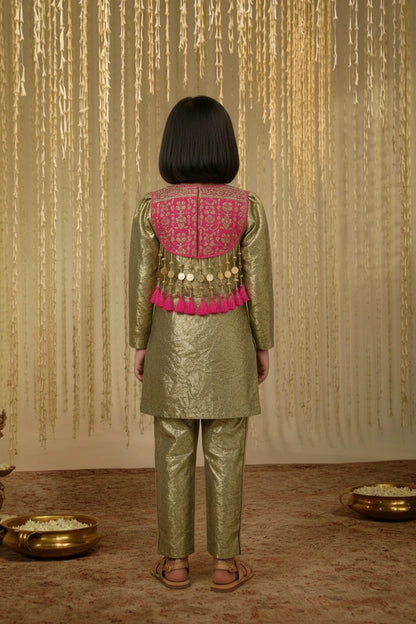 Metallic Gold Festive Kurti Set for Girls