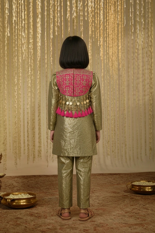 Metallic Gold Festive Kurti Set for Girls
