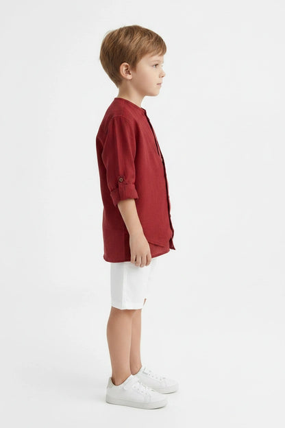 Boys' Rust Red Mandarin Collar Waistcoat-Style Shirt & White Shorts – Two-Piece