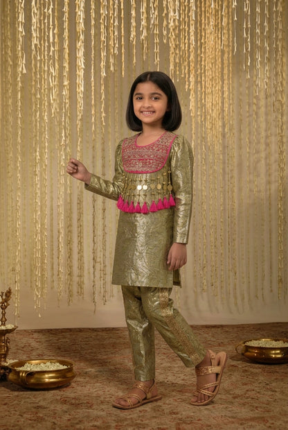 Metallic Gold Festive Kurti Set for Girls