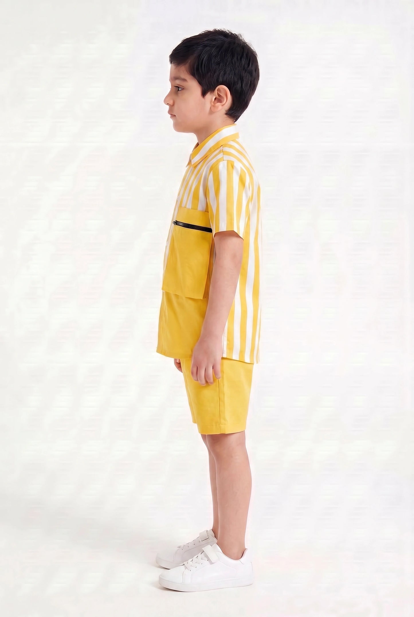 Boys' Yellow Stripe Color-Block Co-ord Set – Two-Piece Summer Shirt and Shorts Outfit