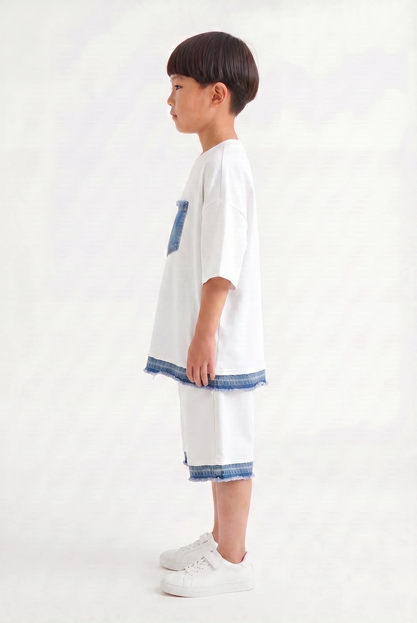 Boys' White Oversized Denim-Trim Set – Two-Piece Streetwear