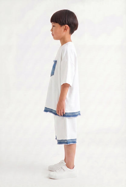 Boys' White Oversized Denim-Trim Set – Two-Piece Streetwear
