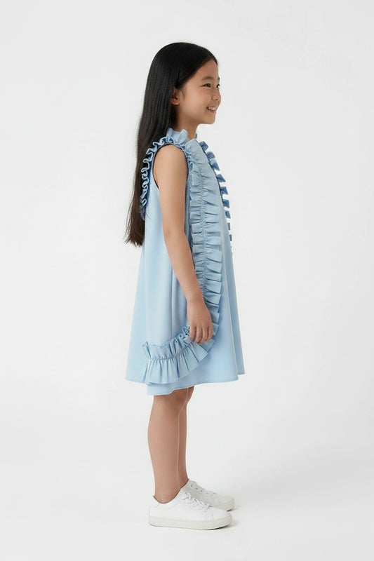 Sky Blue Ruffle Trim Girls' Trapeze Dress