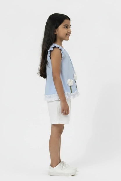 Girls' Pastel Blue Floral Appliqué Top and White Shorts Set