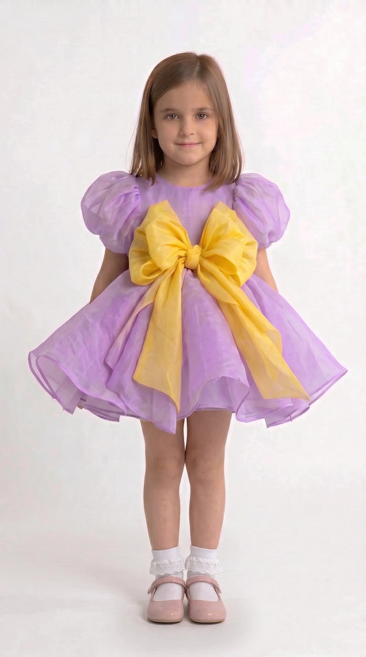 Lavender Dreams: Organza Puff-Sleeve Dress with Oversized Yellow Bow