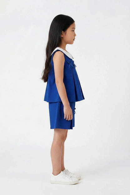 Royal Blue Pleated Coord Set with Peter Pan Collar