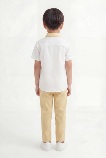 Boys' Lemon Yellow Seersucker Pinstripe Set – Two-Piece White Shirt & Striped Trousers