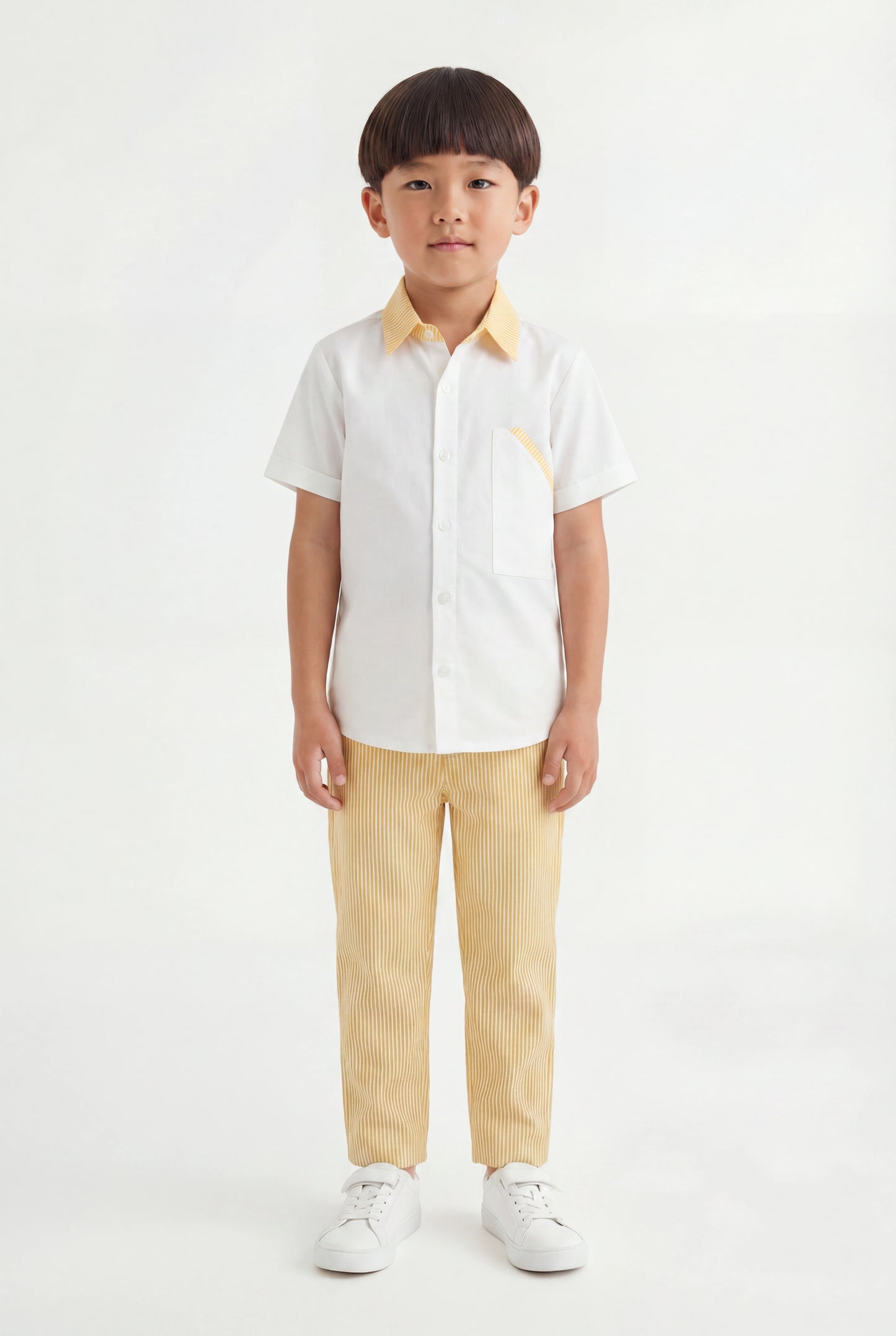 Boys' Lemon Yellow Seersucker Pinstripe Set – Two-Piece White Shirt & Striped Trousers
