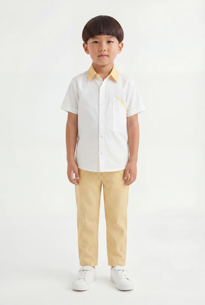 Boys' Lemon Yellow Seersucker Pinstripe Set – Two-Piece White Shirt & Striped Trousers
