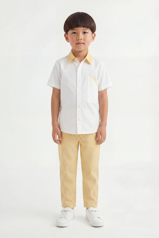 Boys' Lemon Yellow Seersucker Pinstripe Set – Two-Piece White Shirt & Striped Trousers