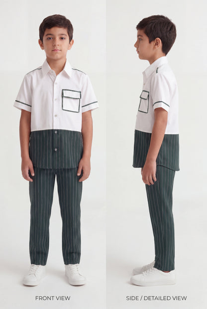 Boys' Forest Green Pinstripe Color-Block Set – Two-Piece Shirt and Trousers Co-ord