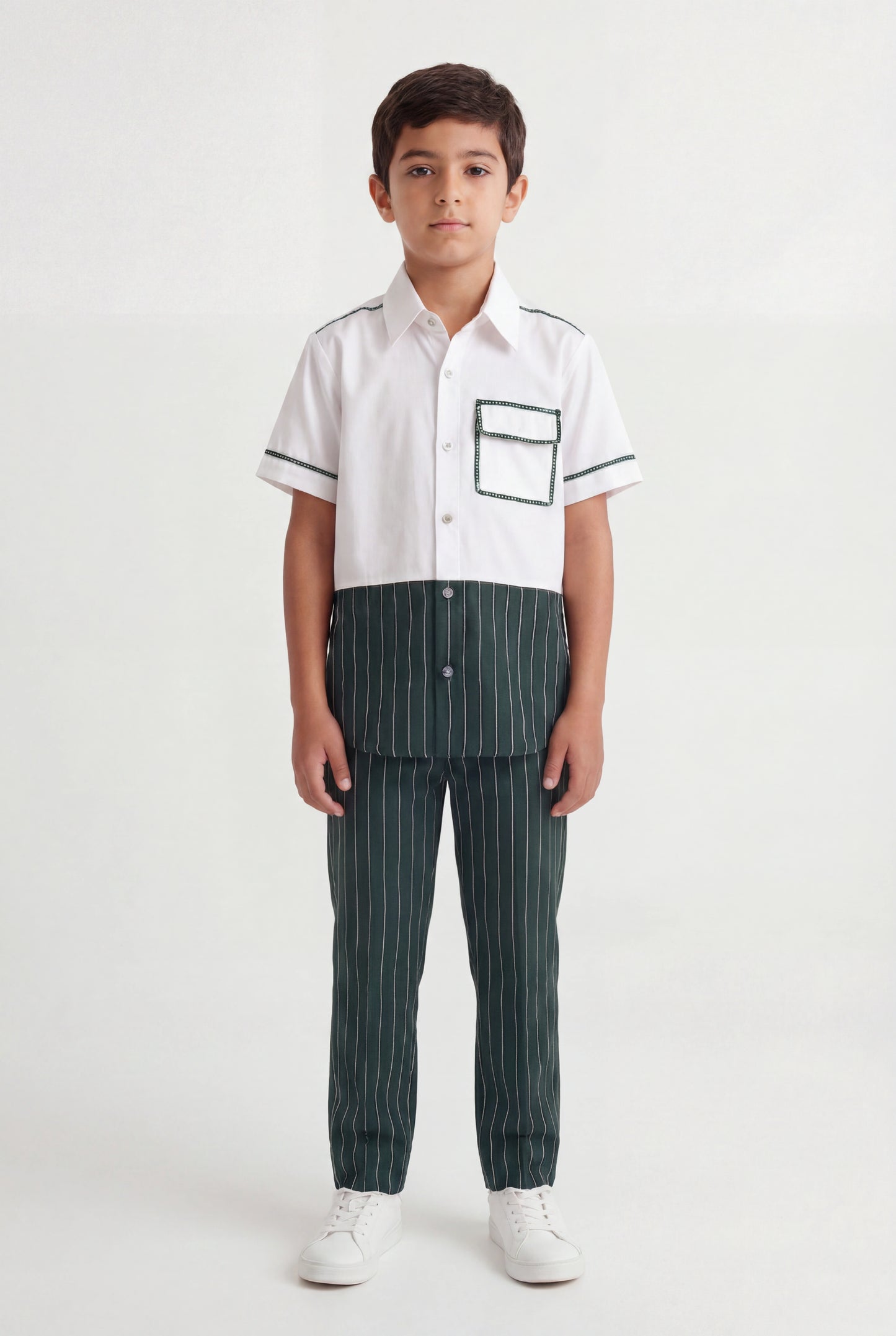 Boys' Forest Green Pinstripe Color-Block Set – Two-Piece Shirt and Trousers Co-ord
