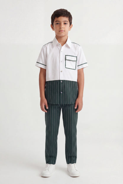 Boys' Forest Green Pinstripe Color-Block Set – Two-Piece Shirt and Trousers Co-ord
