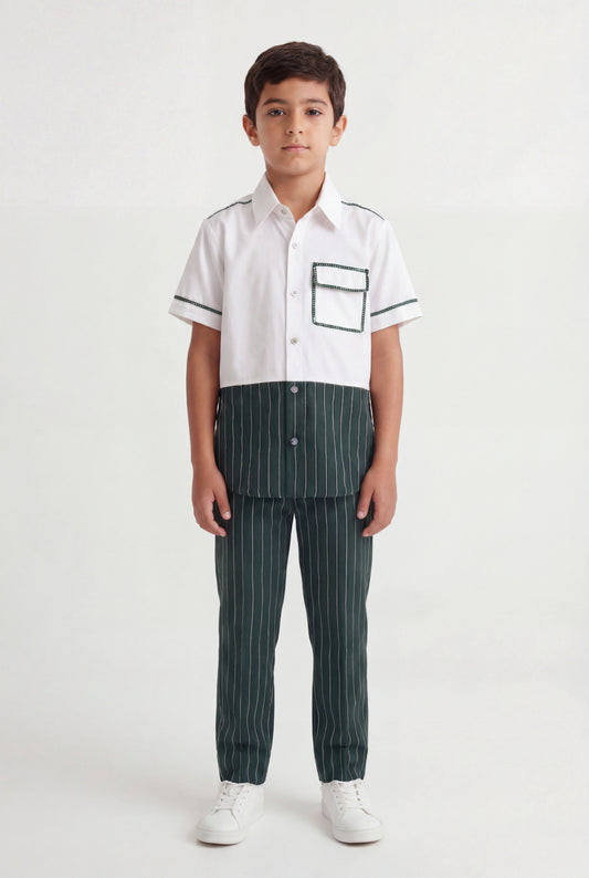 Boys' Forest Green Pinstripe Color-Block Set – Two-Piece Shirt and Trousers Co-ord