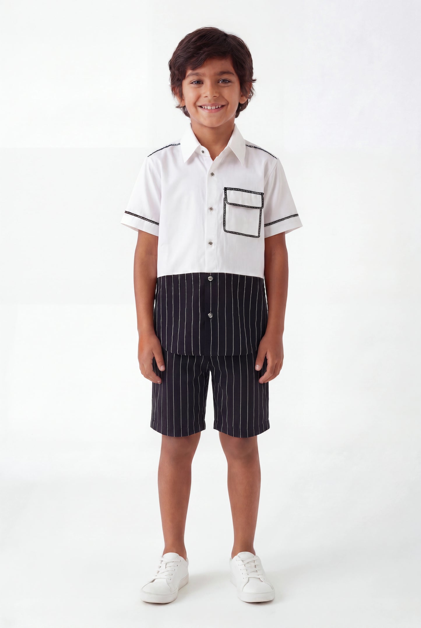Boys' Monochrome Pinstripe Color-Block Set – Two-Piece Shirt and Shorts Co-ord