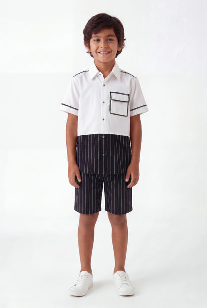 Boys' Monochrome Pinstripe Color-Block Set – Two-Piece Shirt and Shorts Co-ord