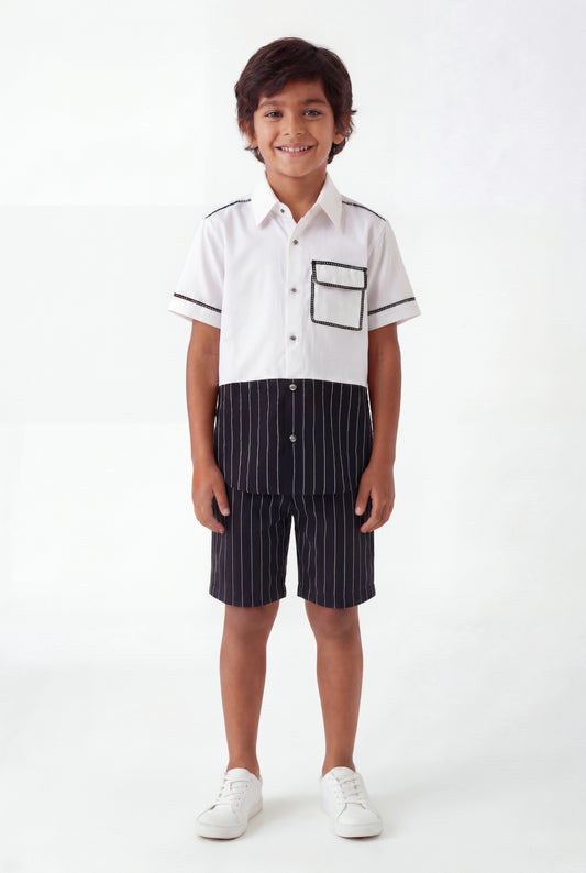 Boys' Monochrome Pinstripe Color-Block Set – Two-Piece Shirt and Shorts Co-ord