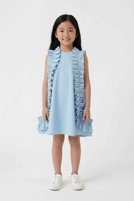 Sky Blue Ruffle Trim Girls' Trapeze Dress