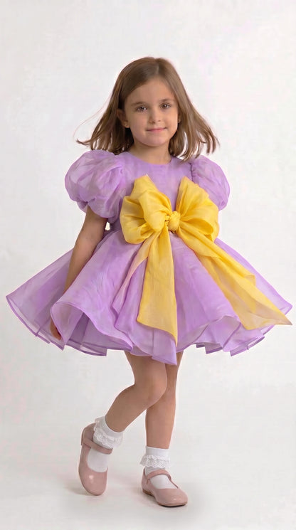 Lavender Dreams: Organza Puff-Sleeve Dress with Oversized Yellow Bow