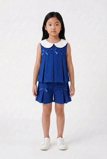 Royal Blue Pleated Coord Set with Peter Pan Collar