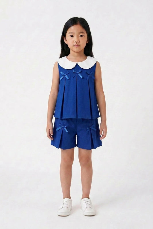 Royal Blue Pleated Coord Set with Peter Pan Collar
