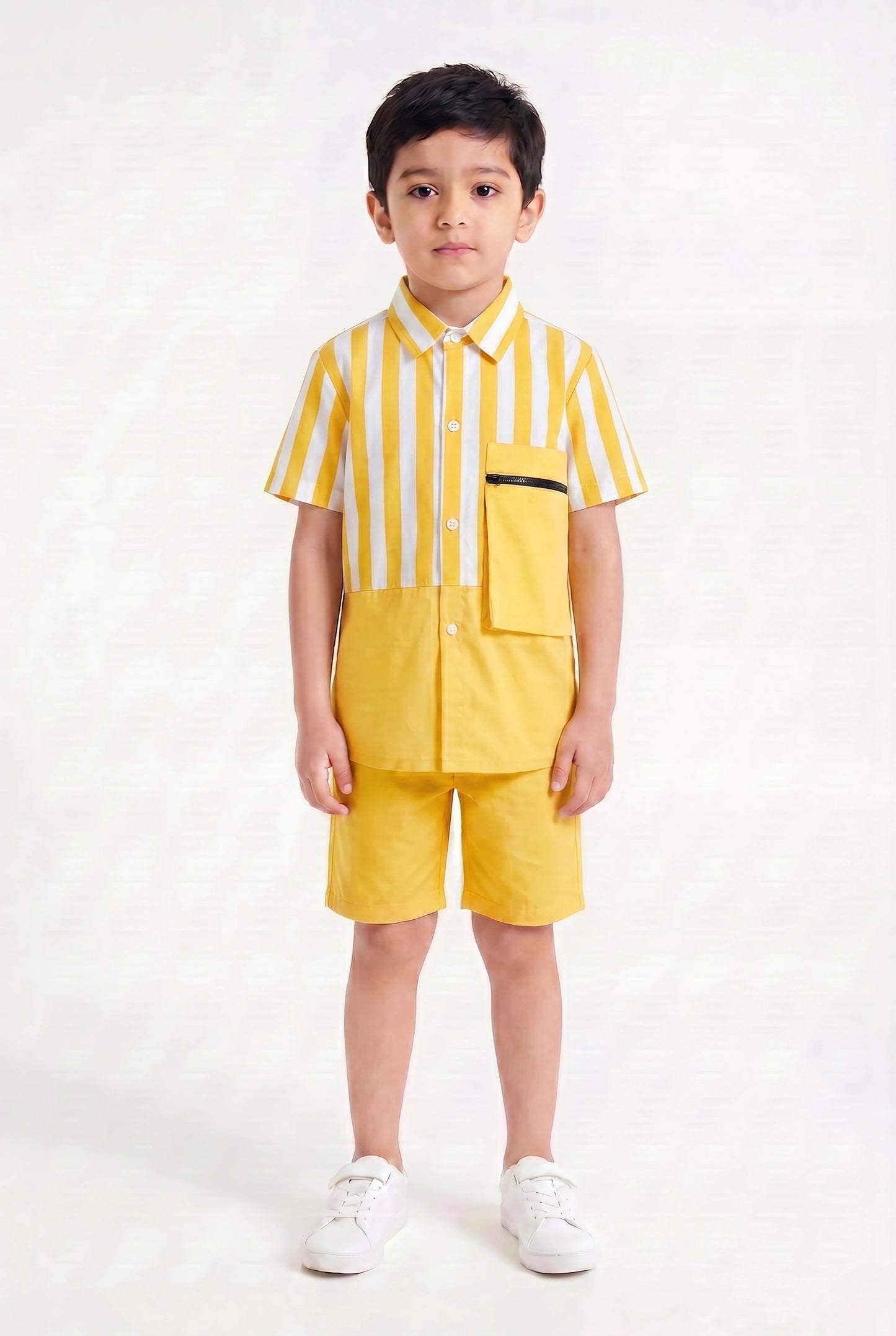 Boys' Yellow Stripe Color-Block Co-ord Set – Two-Piece Summer Shirt and Shorts Outfit