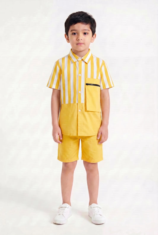 Boys' Yellow Stripe Color-Block Co-ord Set – Two-Piece Summer Shirt and Shorts Outfit