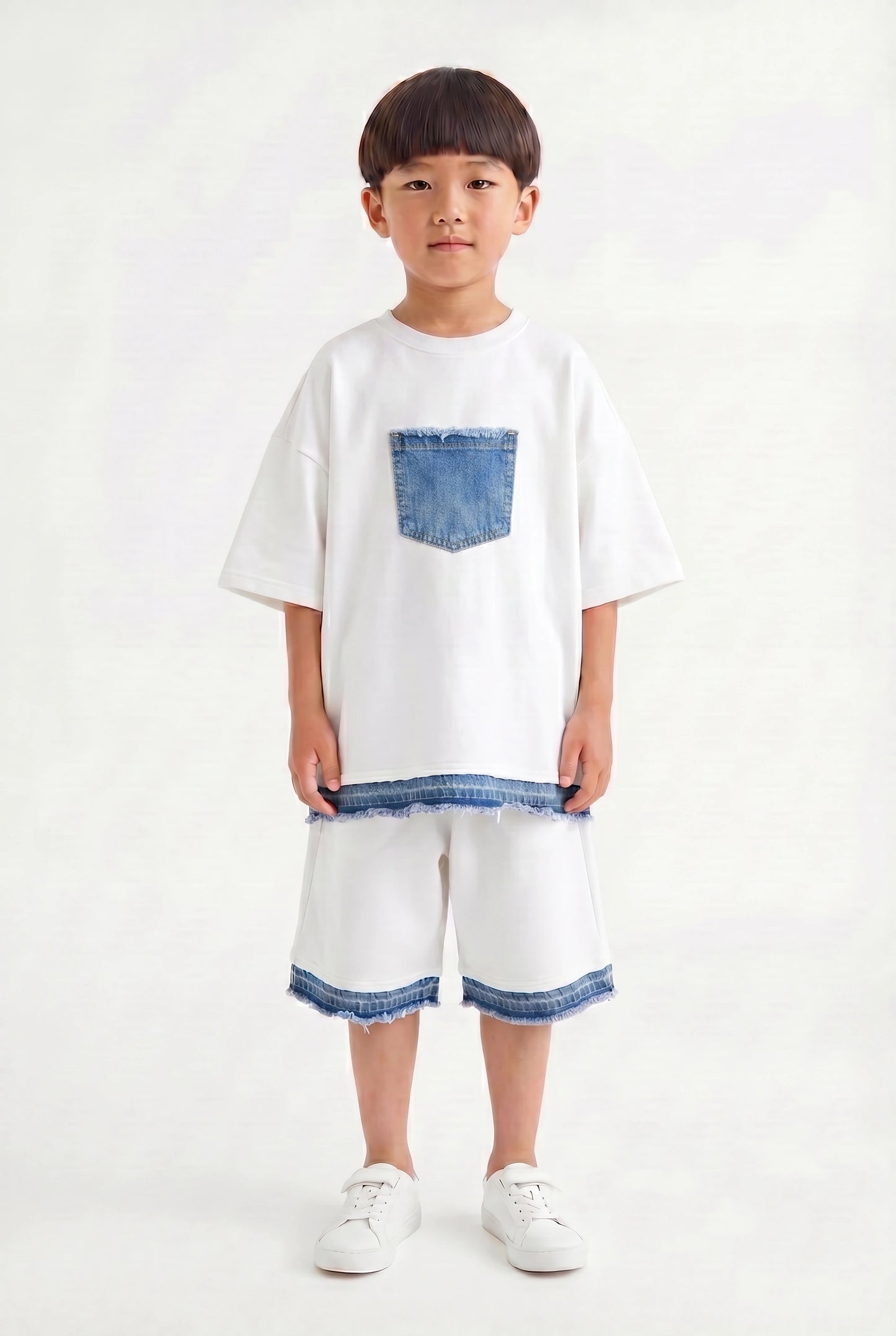 Boys' White Oversized Denim-Trim Set – Two-Piece Streetwear