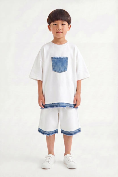 Boys' White Oversized Denim-Trim Set – Two-Piece Streetwear