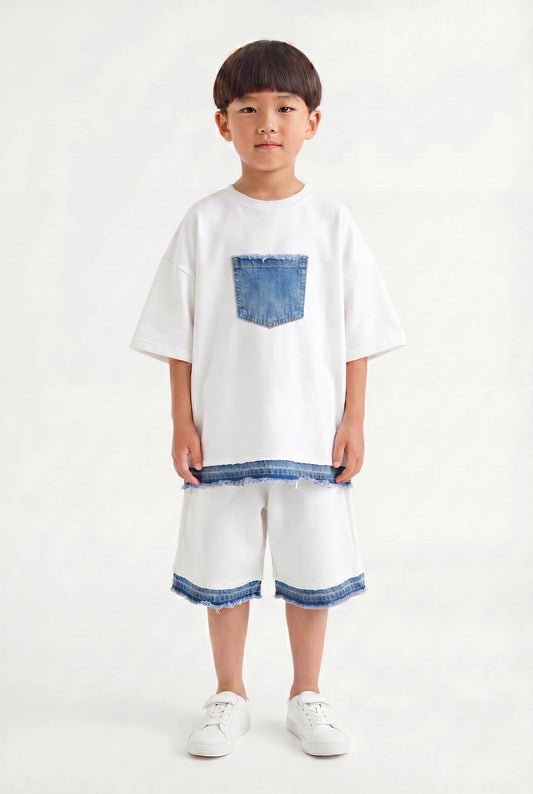 Boys' White Oversized Denim-Trim Set – Two-Piece Streetwear