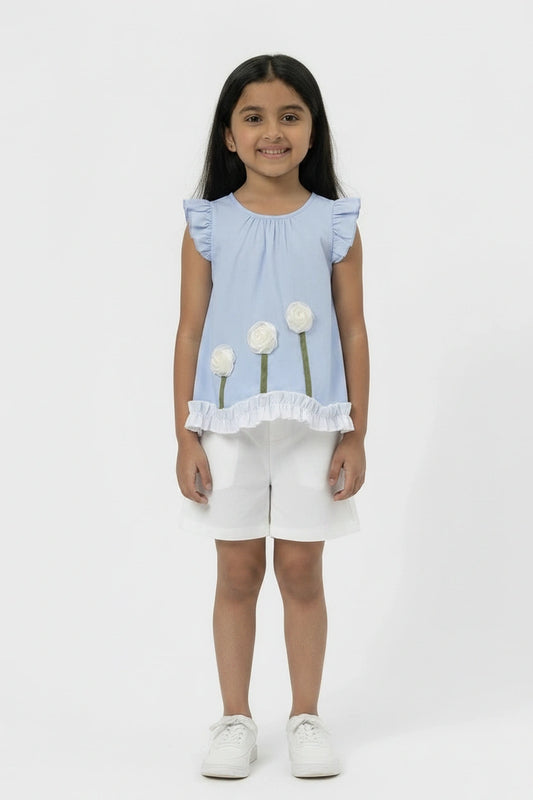 Girls' Pastel Blue Floral Appliqué Top and White Shorts Set