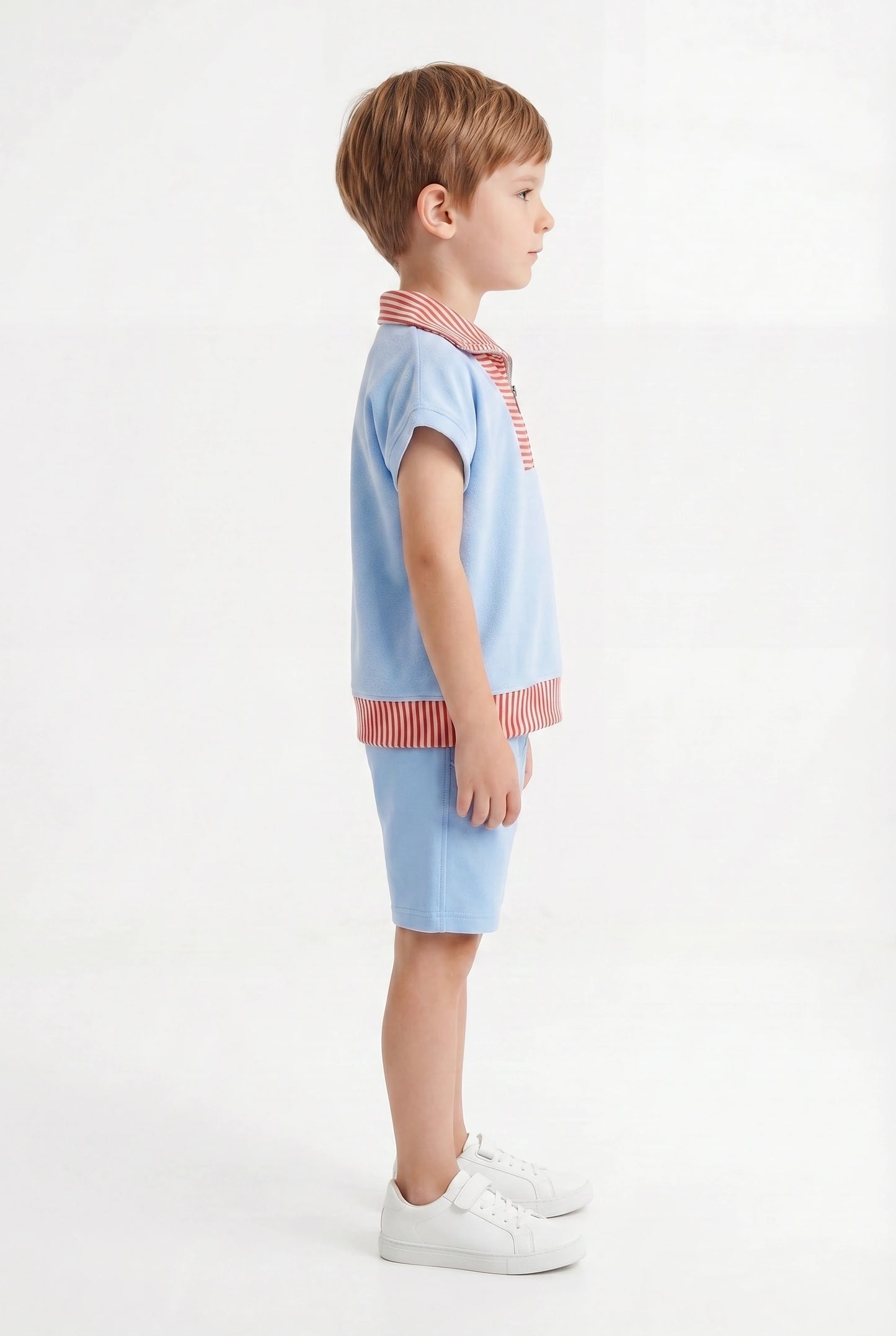 Boys' Sky Blue & Terracotta Striped Polo Set – Retro Quarter-Zip Short Sleeve Co-ord