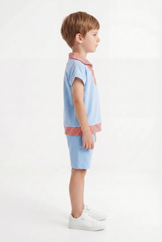Boys' Sky Blue & Terracotta Striped Polo Set – Retro Quarter-Zip Short Sleeve Co-ord