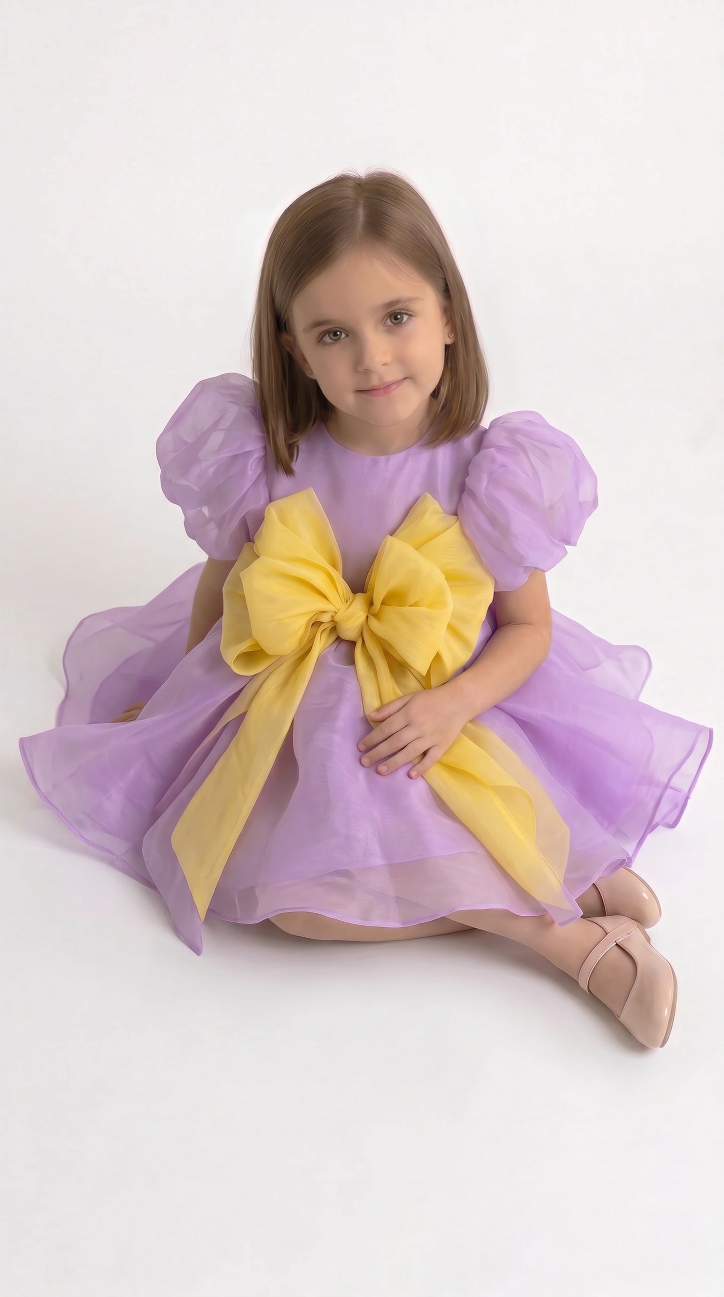 Lavender Dreams: Organza Puff-Sleeve Dress with Oversized Yellow Bow