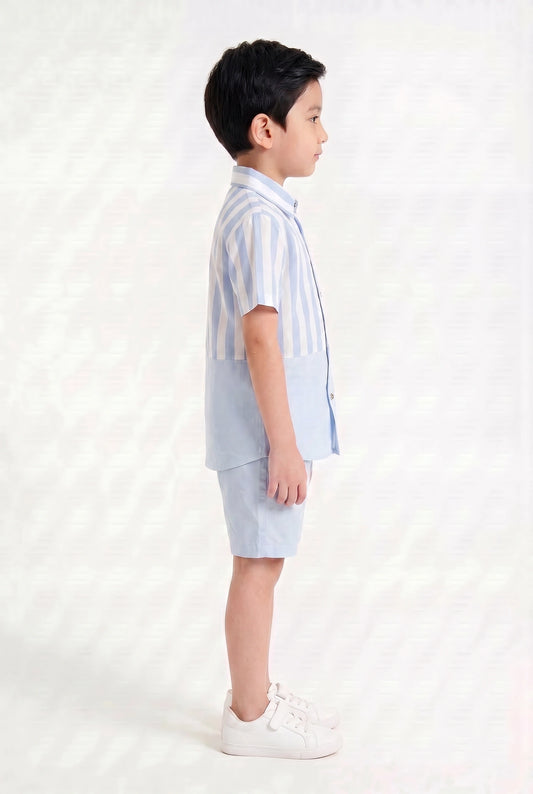 Boys' Sky Blue Stripe Color-Block Co-ord Set Summer Shirt and Shorts