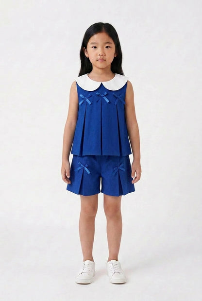 Royal Blue Pleated Coord Set with Peter Pan Collar