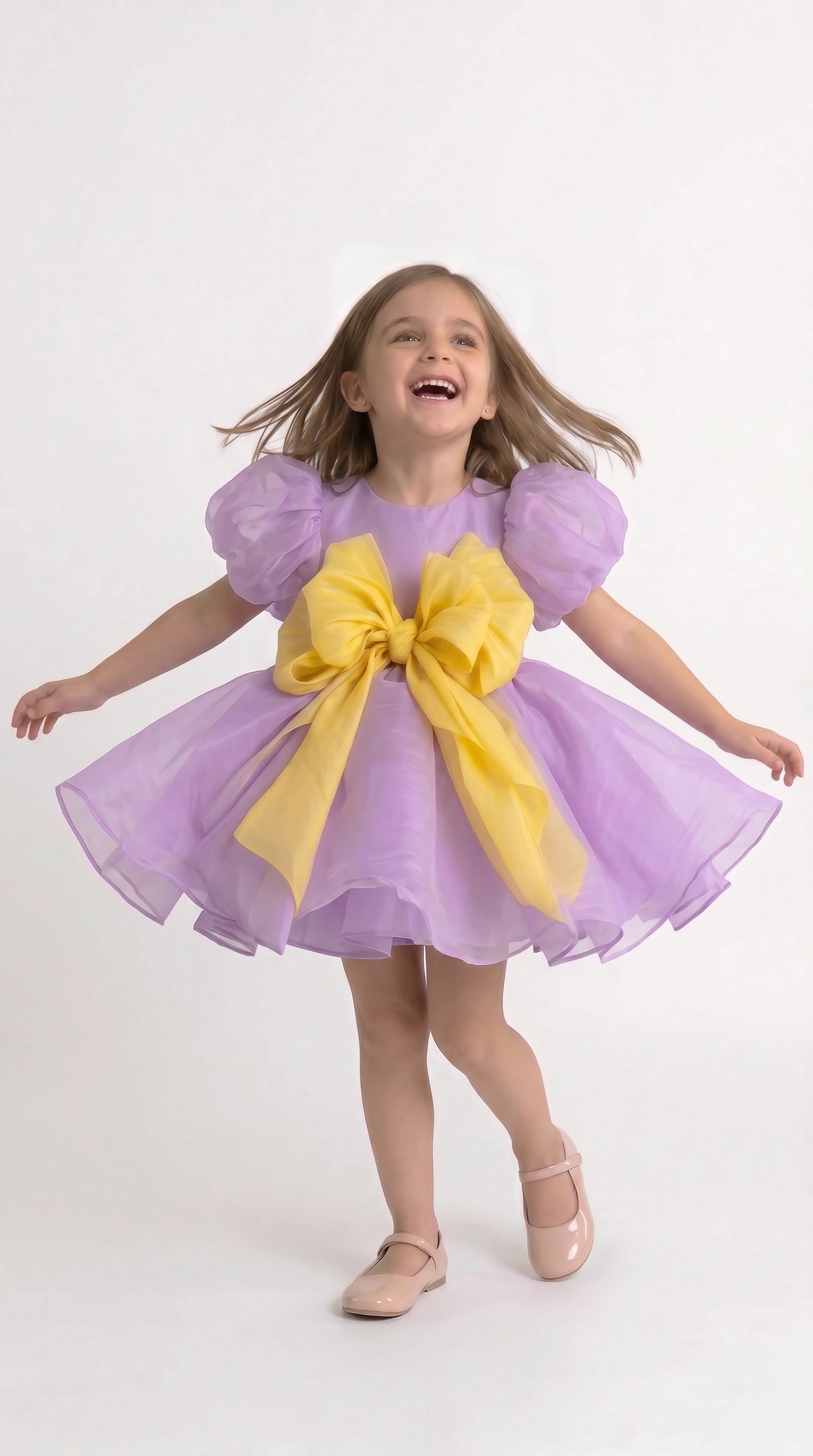 Lavender Dreams: Organza Puff-Sleeve Dress with Oversized Yellow Bow