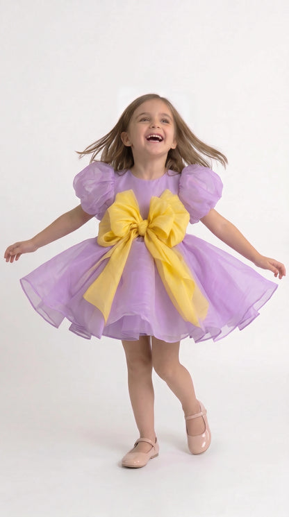 Lavender Dreams: Organza Puff-Sleeve Dress with Oversized Yellow Bow