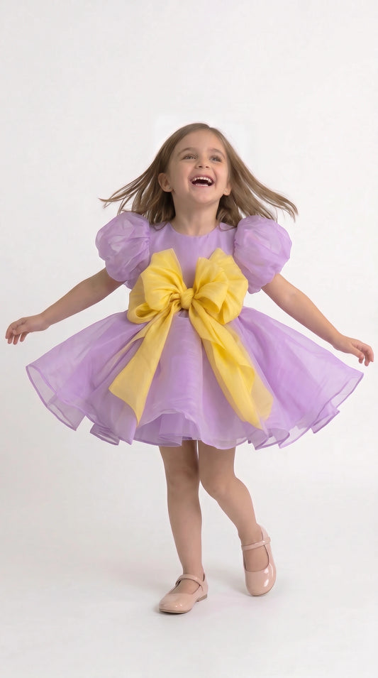 Lavender Dreams: Organza Puff-Sleeve Dress with Oversized Yellow Bow