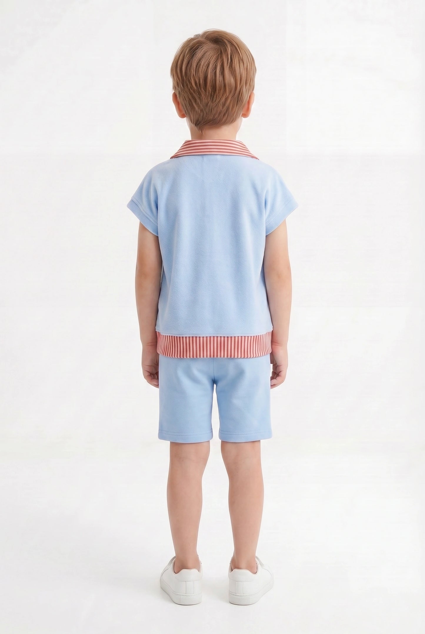 Boys' Sky Blue & Terracotta Striped Polo Set – Retro Quarter-Zip Short Sleeve Co-ord