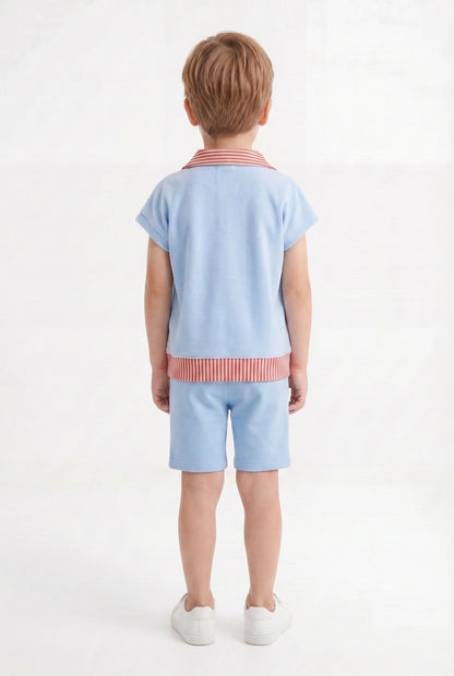 Boys' Sky Blue & Terracotta Striped Polo Set – Retro Quarter-Zip Short Sleeve Co-ord