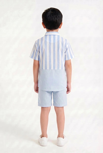 Boys' Sky Blue Stripe Color-Block Co-ord Set Summer Shirt and Shorts