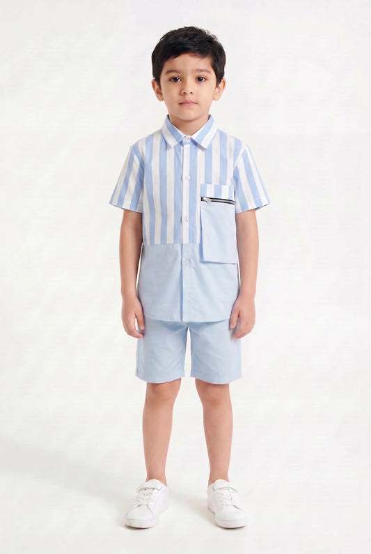 Boys' Sky Blue Stripe Color-Block Co-ord Set Summer Shirt and Shorts