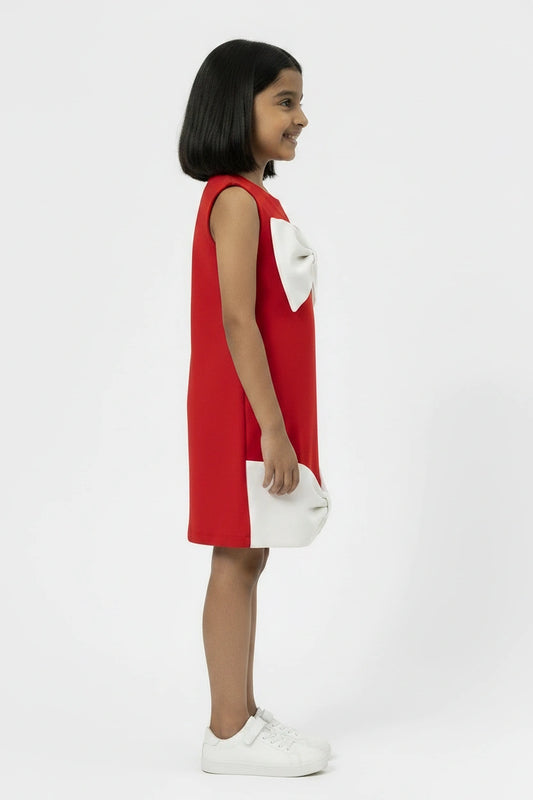 Girls' Red A-Line Shift Dress with Oversized White Bows