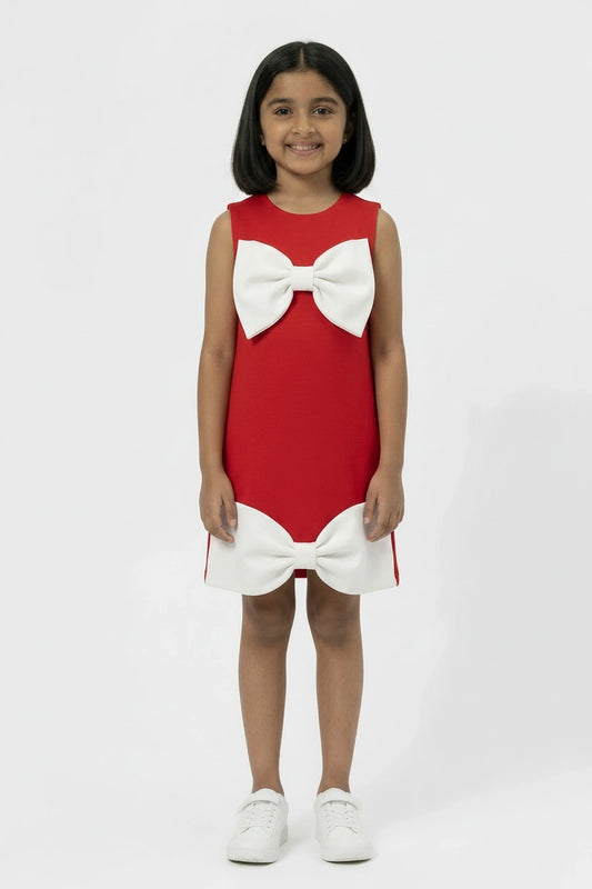Girls' Red A-Line Shift Dress with Oversized White Bows
