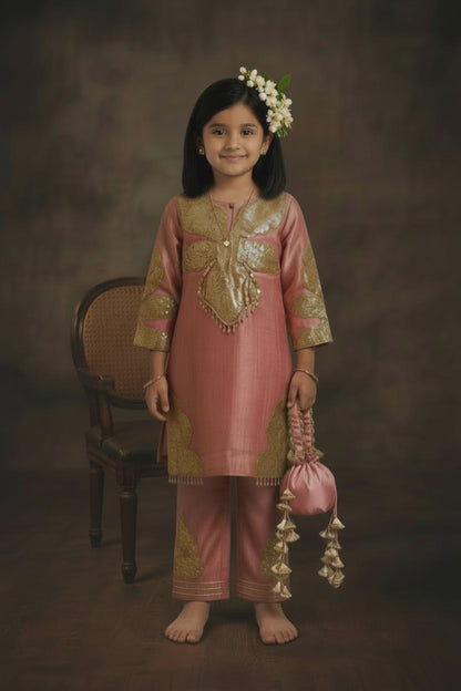 Rose Pink Metallic Embroidered Kurta Set with Potli Bag for Girls